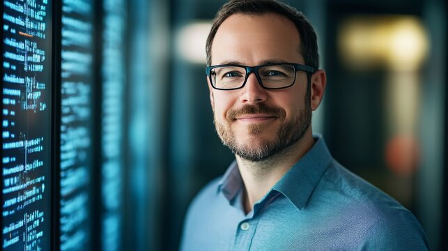 smiling male Data Scientist looks into the camera, blurry data background, concept: Skilled workers, shortage of skilled workers, recruiting, 16:9