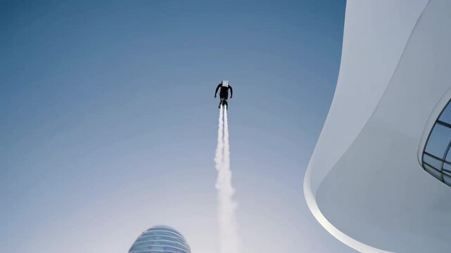 Futuristic businessman soaring through urban landscape, embodying technological innovation and personal freedom with cutting-edge jetpack flight