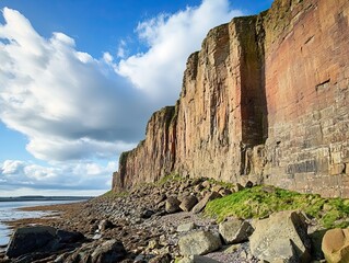 Coastal sandstone cliffs, Scotland, sunny day, sea background, nature travel photography