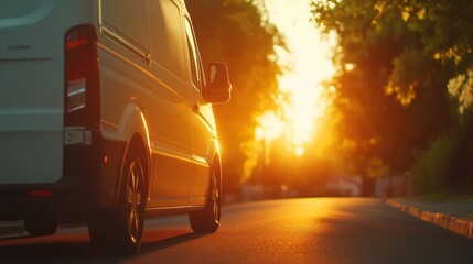 Obraz premium Driving into the sunset van on a quiet road outdoor scene warm light