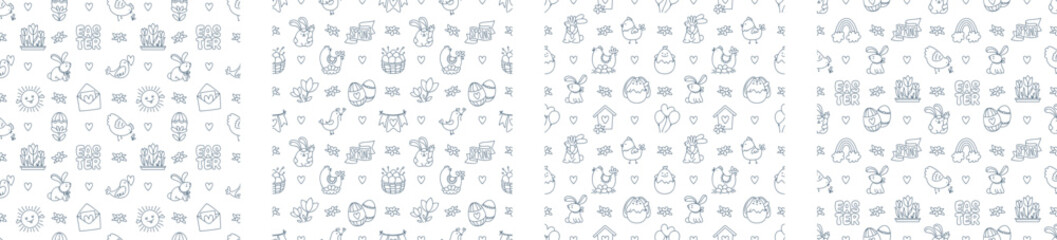 Easter hand drawn doodle seamless pattern. Cute black and white spring symbols chickens, rabbits, eggs and flowers
