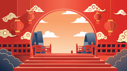Festive Chinese New Year Background with Lanterns and Fireworks