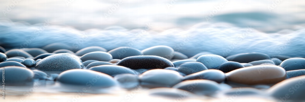 Poster Close up view of smooth beach pebbles with gentle waves washing over them at shoreline during sunset. Generative AI