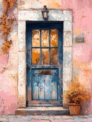 Paris door - Montmartre Charm - Impressionist - Soft pink, blue, yellow