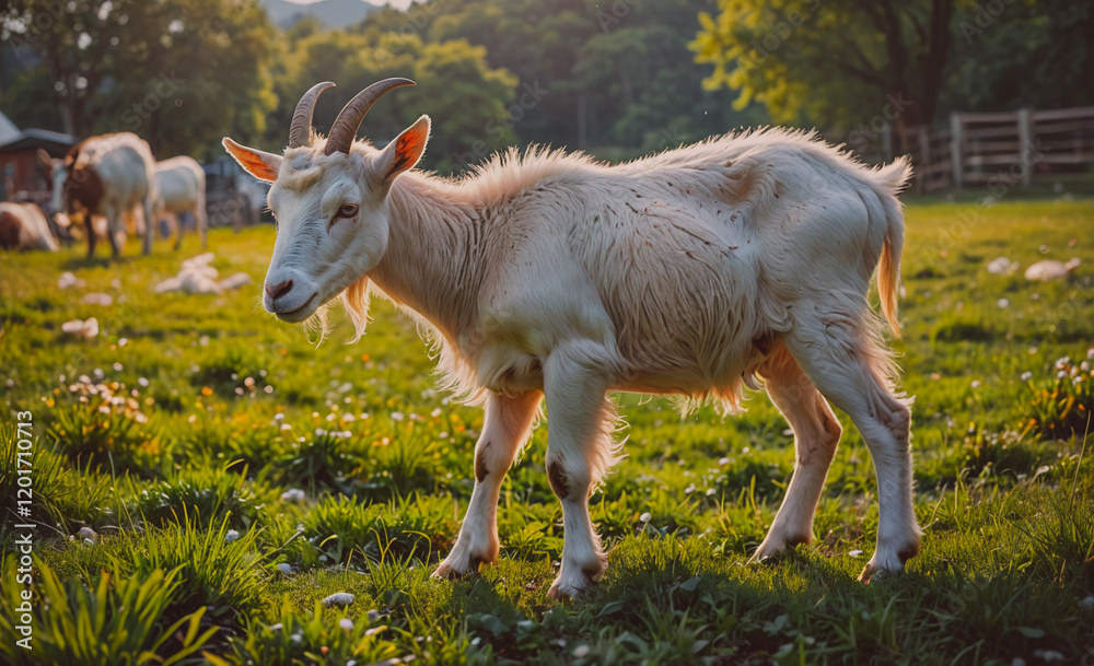 Poster a goat is walking through a field of grass. the goat is the only animal in the field