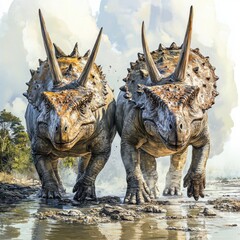 Fototapeta premium Two Dinosaurs Walking in a Prehistoric Landscape with Smoky Skies