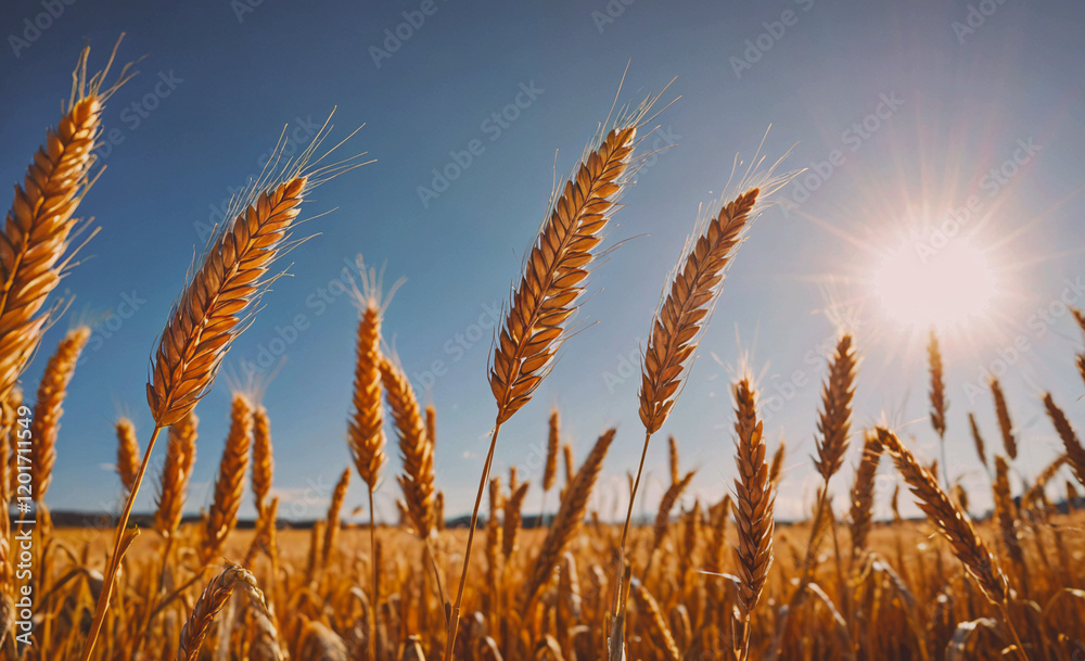 Poster a field of golden wheat with the sun shining brightly in the background. the sun is casting a warm g