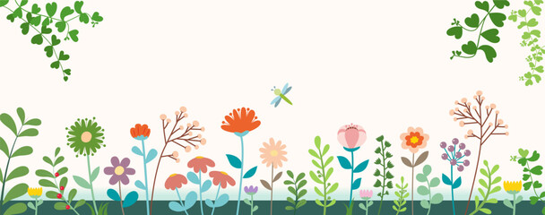 Spring template with beautiful flowers and ivy. All layered and grouped. Vector.