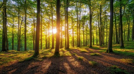 Sunbeams illuminate a lush green forest at sunset.