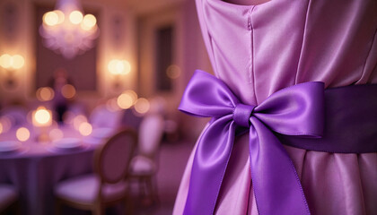 Elegant dress with purple bow in luxurious dining setting