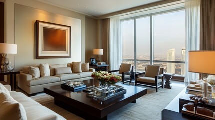 This living room boasts a modern design with a cozy ambiance, featuring stylish furniture and neutral hues. The large windows flood the space with natural light, while the plush couch