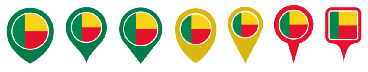 Obraz premium set vector Location pin benin flag icon. Country location symbol Map markers design template illustration