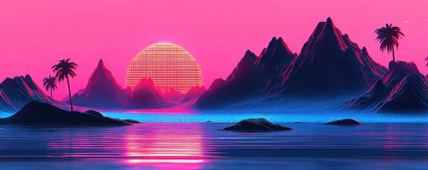 Gardinen Synthwave sunset over islands, mountains. Background Pink sky. Use Wallpaper © DZIKRA 