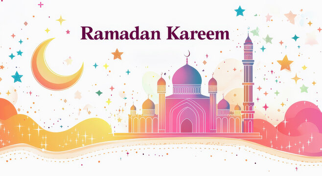 Fondo artistico para la celebracion del Ramadan, en tonos rosas , amarillos y azules con mezquita, estrellas y media luna