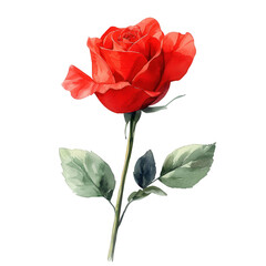 Obraz premium A vibrant red rose showcasing its delicate petals and lush green leaves., isolated on a transparent background.