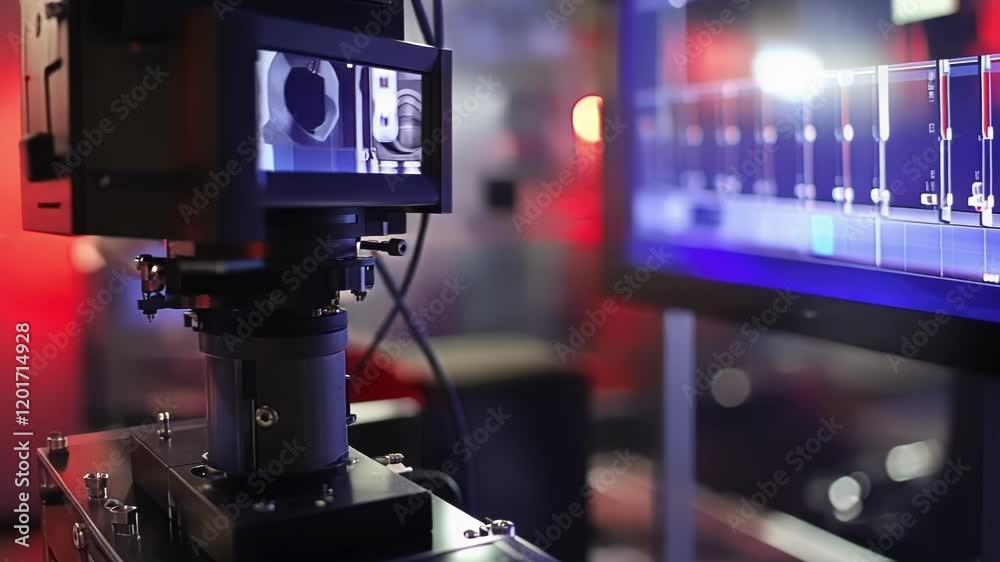 Poster a tight shot of a robotic quality inspection unit using cameras and sensors to evaluate small parts 