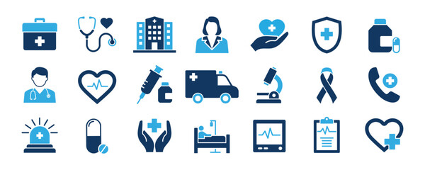 Hospital and medical health care icon set. Containing hospital, drug, heart beat, doctor, stethoscope, ambulance, medical bed and more, vector illustration