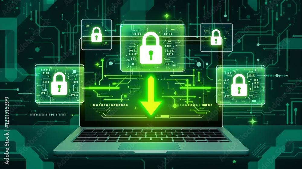 Poster secure file transfer concept with glowing arrow symbolizing data movement across digital space towar