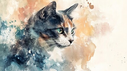 This stunning watercolor artwork portrays an elegant feline companion. 