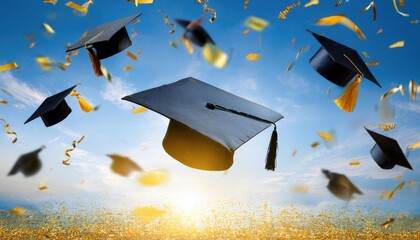 Graduation cap flyingin the sky with confetti