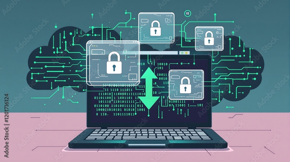 Poster secure file transfer concept with glowing arrow symbolizing data movement across digital space towar