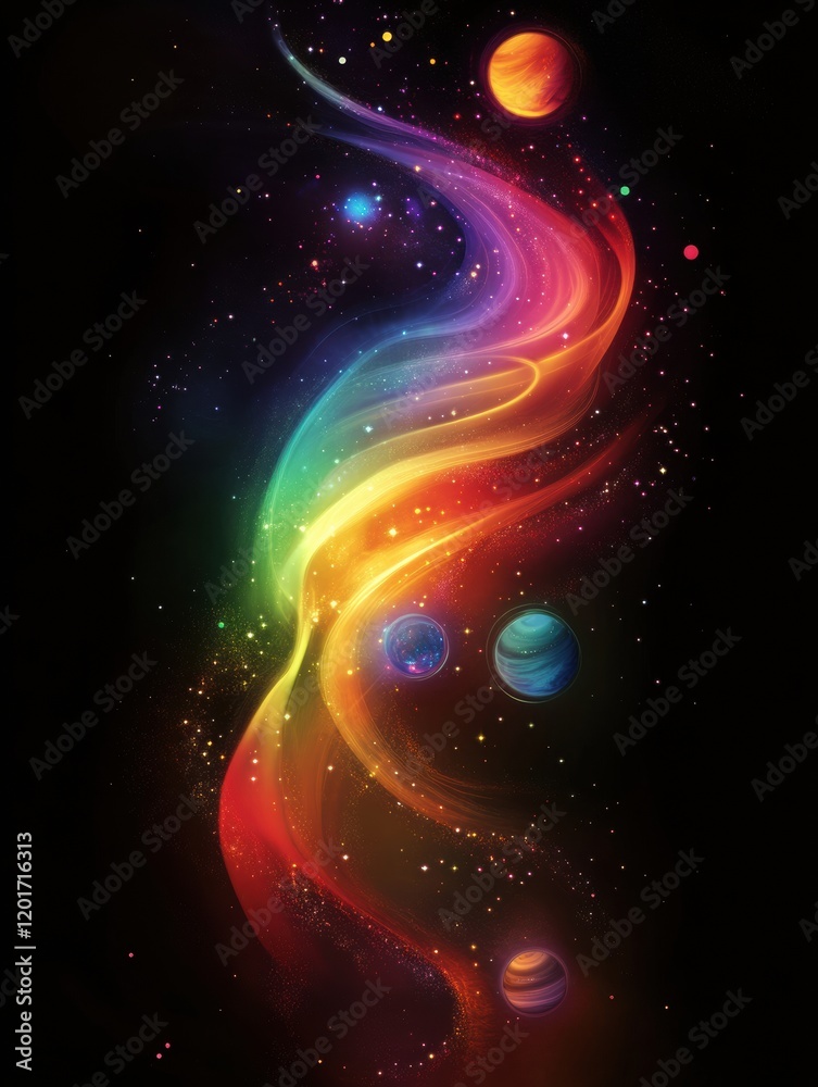 Poster colorful galaxy with swirling nebula and glowing planets showcasing cosmic beauty in deep space. gen