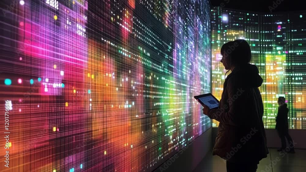 Poster professional data scientist analyzing dynamic data patterns on large interactive screen. using table