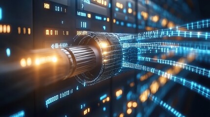 High-Speed Data Transfer Through Fiber Optic Cable in Server Room: Abstract Illustration of Digital Streams and Technological Advancement