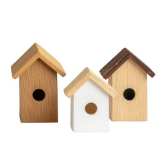 Charming wooden birdhouses showcasing unique designs and colors for garden aesthetics., isolated on a transparent background.