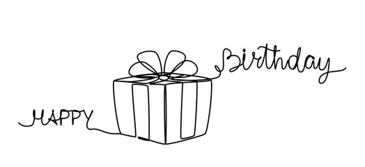 Happy Birthday. A gift with an inscription on a white background. Line art.
