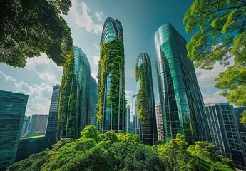 Fototapeta premium A photograph of green skyscrapers with glass facades and tree branches in the background, symbolizing eco-friendly urban development