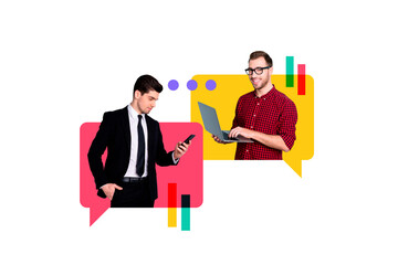 Photo cartoon comics sketch collage of two happy men colleagues hold laptop hone bubble notification chart statistics progress