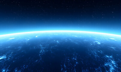 Obraz premium Stunning aerial view of Earth's horizon, showcasing a vibrant blue ocean and starlit sky. Perfect for science fiction, environmental, or travel themes.