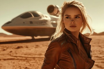 Obraz premium Woman standing in the desert near spaceship