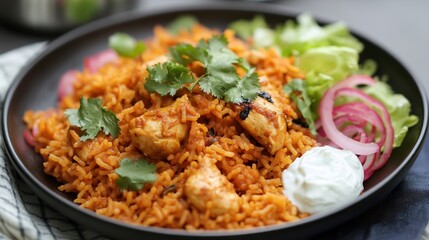 Serving of desi chicken pulao cooked aromatic spices served with yogurt and salad