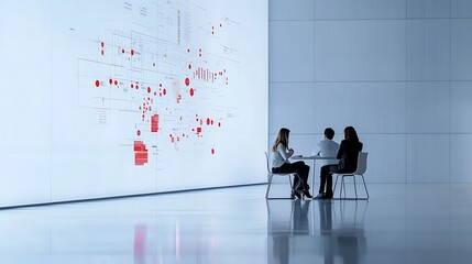 Team analyzes data on large screen in modern office; project planning, strategy meeting
