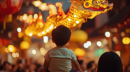 Fototapeta premium A child watching a dragon dance from the shoulders of a parent, with the city's festive decorations and lively atmosphere creating a memorable cultural experience.