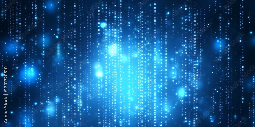 Poster bright glowing blue tech background with binary code numbers,and a bright light at the end of the tu