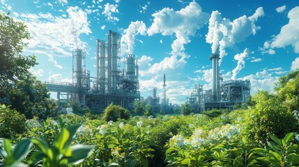 Obraz premium Industrial facility with tall chimneys emitting steam, surrounded by lush green vegetation and flowers, symbolizing carbon capture technology.