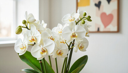 Obraz premium White orchids in a bright room with abstract wall art