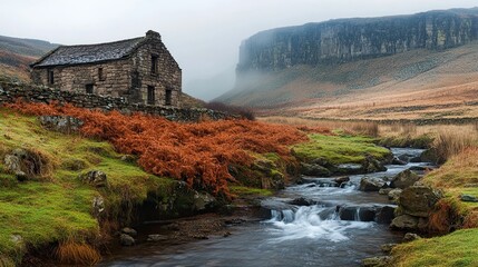 Fototapeta premium Misty valley stream, old stone house, autumn ferns, UK landscape, nature photography