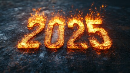 2025 in flames on a textured surface, celebrating the arrival of the New Year with fiery energy and bold optimism for the future.