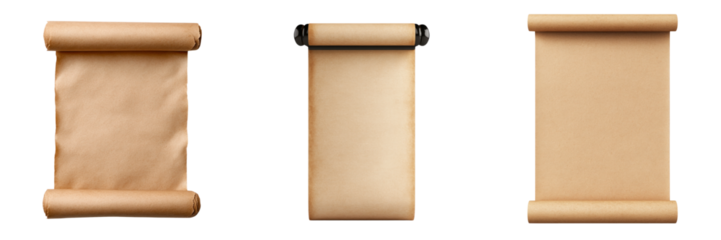 Parchment scrolls in various positions, showcasing their texture and design