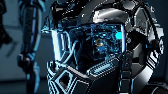 Military scientists are analyzing data on a futuristic helmet visor in a high-tech laboratory, showcasing advanced technology and tactical information display