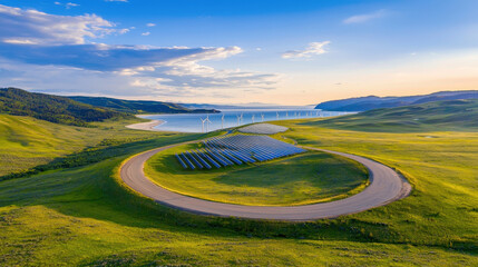 Fototapeta premium Scenic coastal road curves past solar panels and wind turbines