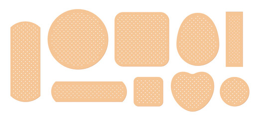 Medical adhesive bandages set vector illustration. Realistic 3d beige sticky plaster patches for first aid of tape, circle and square shapes, pharmaceutical medicare product.