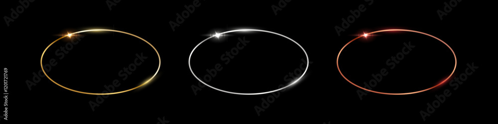 Wall mural gold, silver and bronze oval frames. metal thin ellipse photo or picture frames isolated on black ba