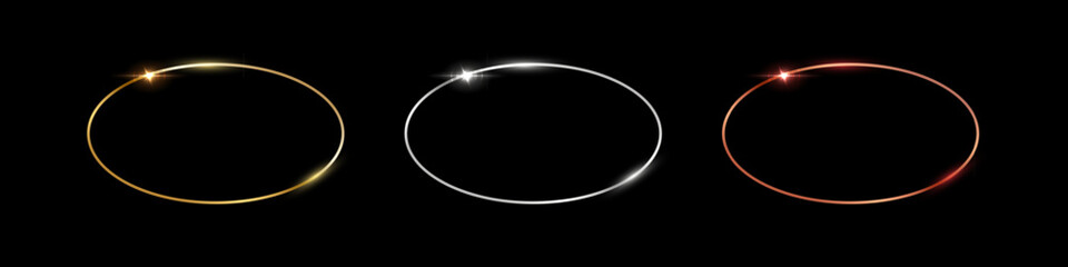 Gold, silver and bronze oval frames. Metal thin ellipse photo or picture frames isolated on black background. 3d abstract empty template vector illustration set. Simple object mockup.