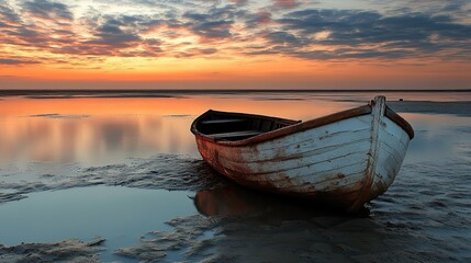 Fototapeta premium Solitary boat at sunset, tranquil beach, calm waters, peaceful scene, ideal for travel or nature websites