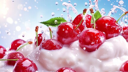 Fresh Cherries Splashing into Creamy Delight
